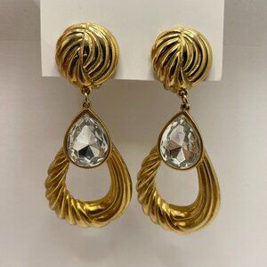 Vintage Gold Tone Dangling Earrings with Clear Stone